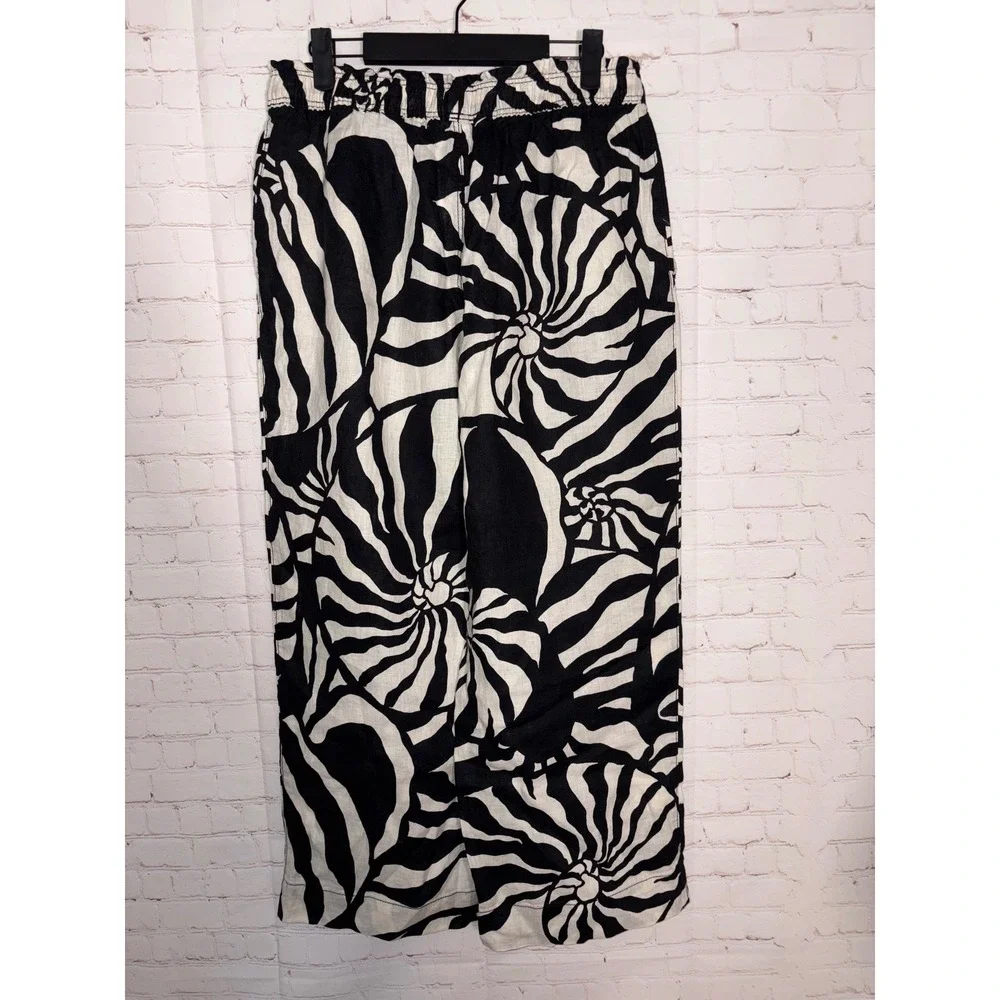 HM Premium Selection Natural Linen Wide Leg Pants Black White Swirl Shell M